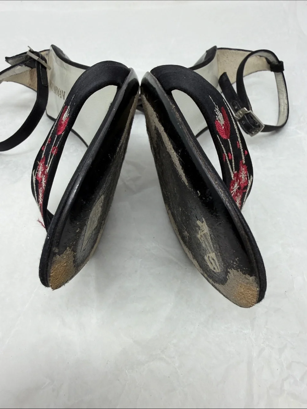 Giorgio Armani Black Embroidered Floral Ankle-Strap Sandals Size 36.5